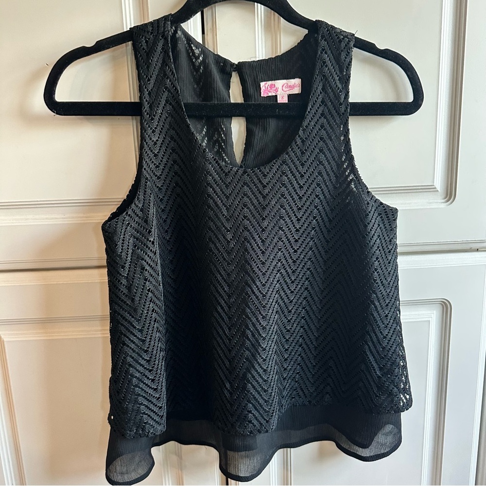 Candie's Woman’s Black Lined Laced Chevron Tank Top, Size: S